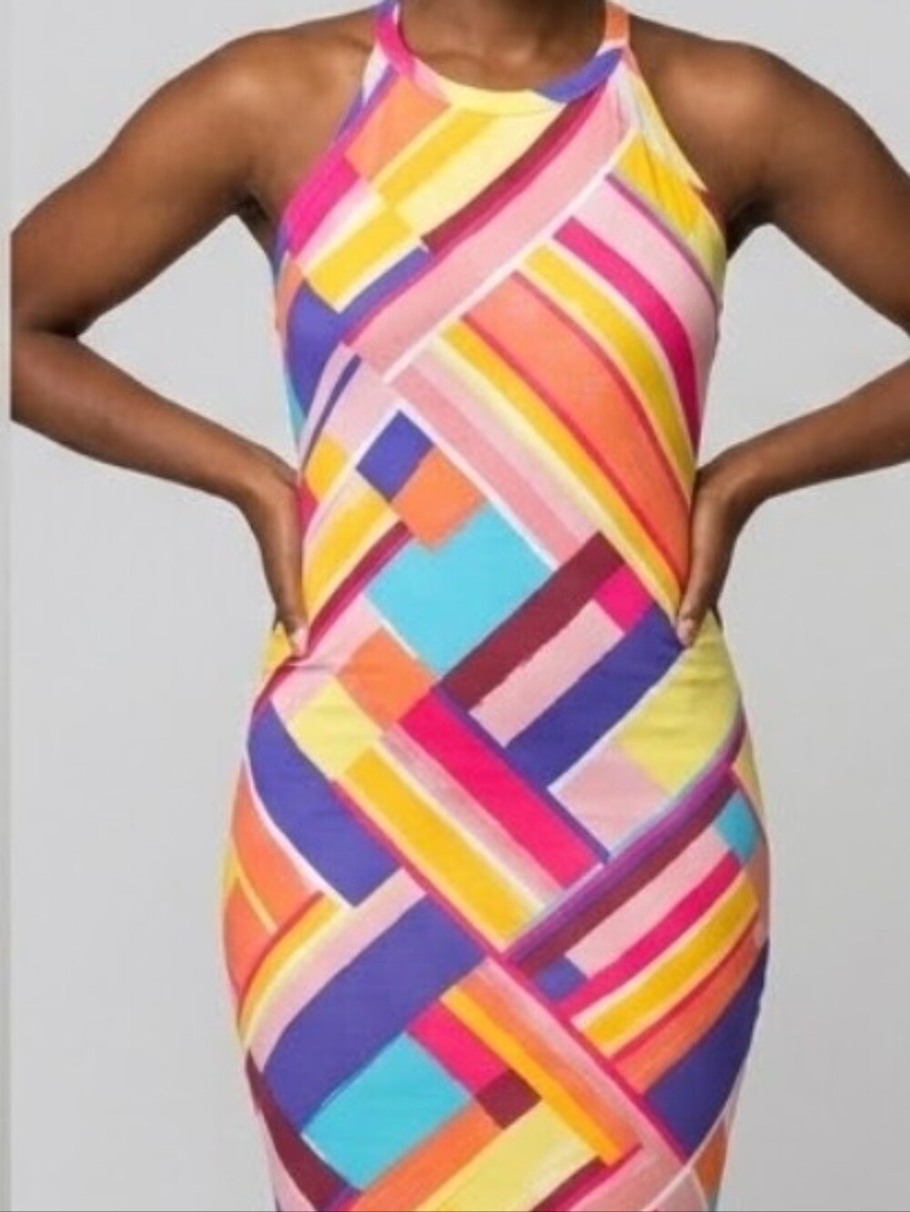 Multicolor Geometric Print Form-Fitting Dress- Women